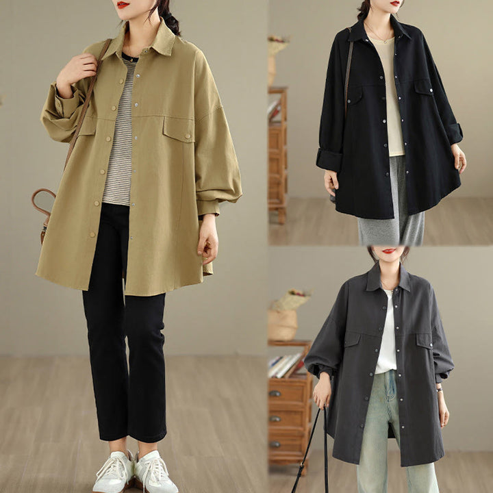 Buddha Stones Chaqueta de algodón de manga larga para mujer, diseño sencillo con botones y solapa de color puro, para otoño - image 22