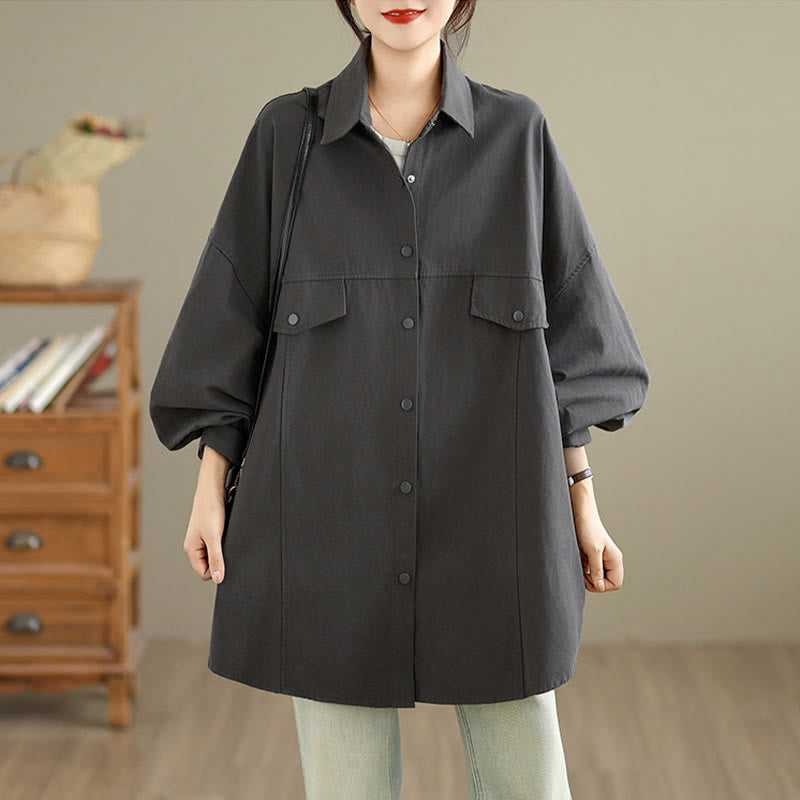 Buddha Stones Chaqueta de algodón de manga larga para mujer, diseño sencillo con botones y solapa de color puro, para otoño - image 4
