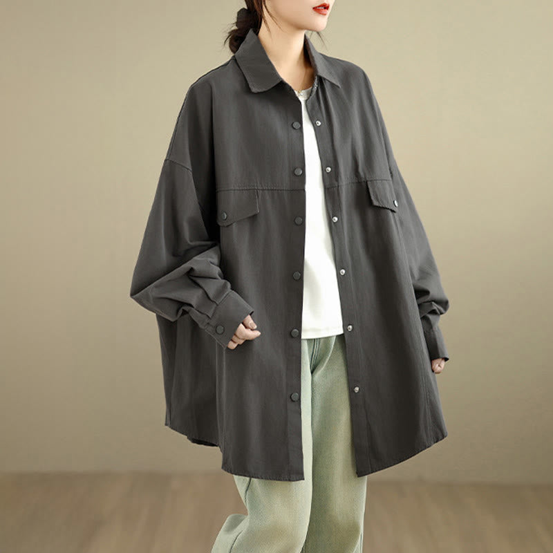 Buddha Stones Chaqueta de algodón de manga larga para mujer, diseño sencillo con botones y solapa de color puro, para otoño - image 3