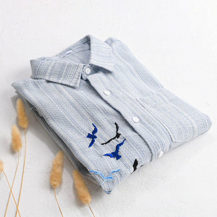 Buddha Stones Camisa de algodón de manga larga para hombre con estampado de rayas de pájaro bordado y bolsillo - image 12
