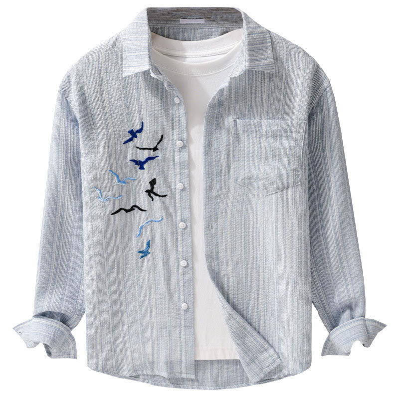Buddha Stones Camisa de algodón de manga larga para hombre con estampado de rayas de pájaro bordado y bolsillo - image 13