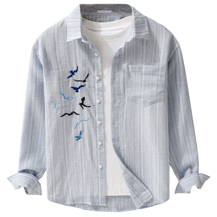 Buddha Stones Camisa de algodón de manga larga para hombre con estampado de rayas de pájaro bordado y bolsillo - image 13