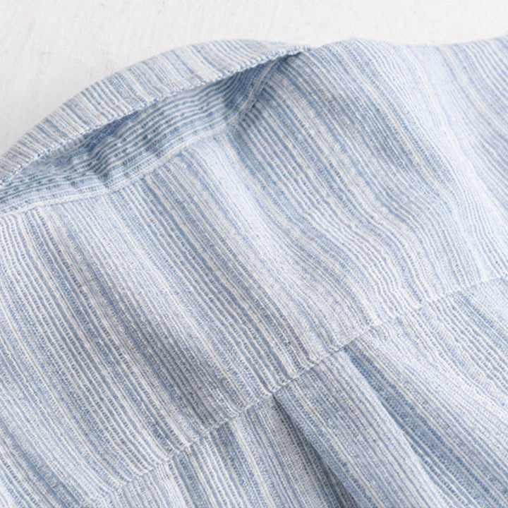 Buddha Stones Camisa de algodón de manga larga para hombre con estampado de rayas de pájaro bordado y bolsillo - image 5