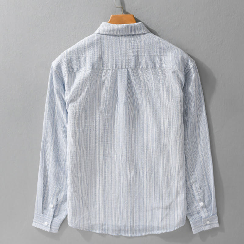 Buddha Stones Camisa de algodón de manga larga para hombre con estampado de rayas de pájaro bordado y bolsillo - image 1