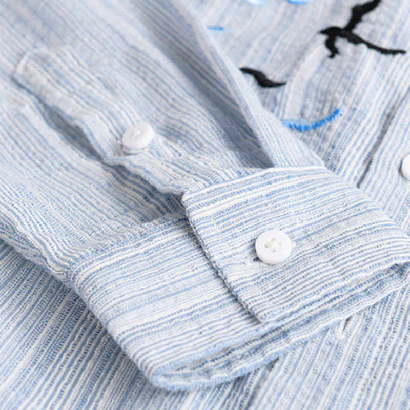 Buddha Stones Camisa de algodón de manga larga para hombre con estampado de rayas de pájaro bordado y bolsillo - image 9