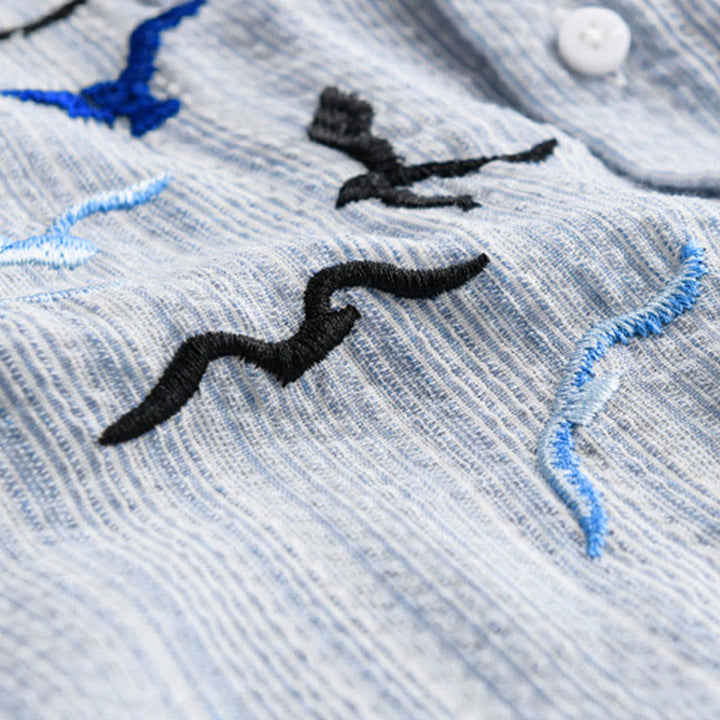 Buddha Stones Camisa de algodón de manga larga para hombre con estampado de rayas de pájaro bordado y bolsillo - image 7