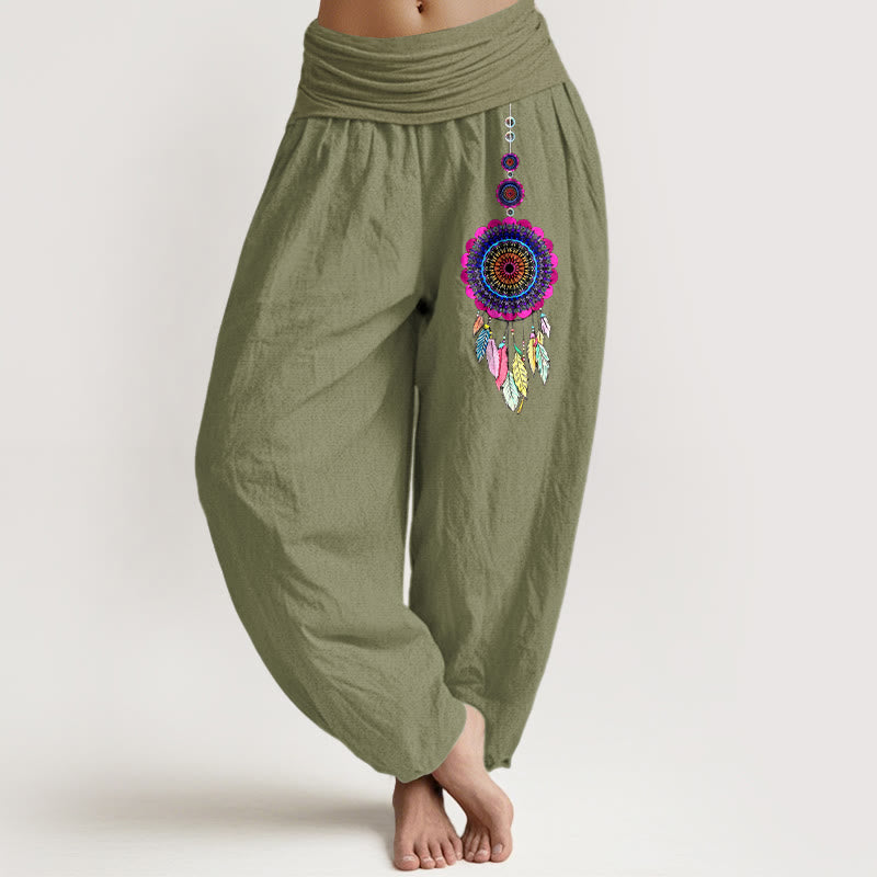 Buddha Stones Pantalones harén de algodón puro con cintura elástica para mujer con estampado de atrapasueños coloridos - Verde oliva - US16，UK/AU20，EU48 (3XL) - image 14