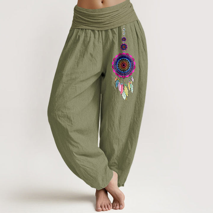Buddha Stones Pantalones harén de algodón puro con cintura elástica para mujer con estampado de atrapasueños coloridos - Verde oliva - US16，UK/AU20，EU48 (3XL) - image 14