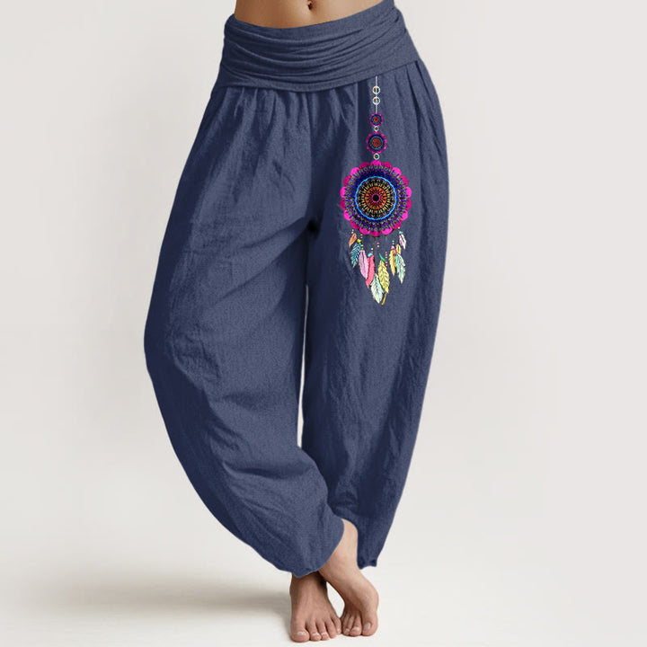 Buddha Stones Pantalones harén de algodón puro con cintura elástica para mujer con estampado de atrapasueños coloridos - Azul pizarra oscuro - US16，UK/AU20，EU48 (3XL) - image 5