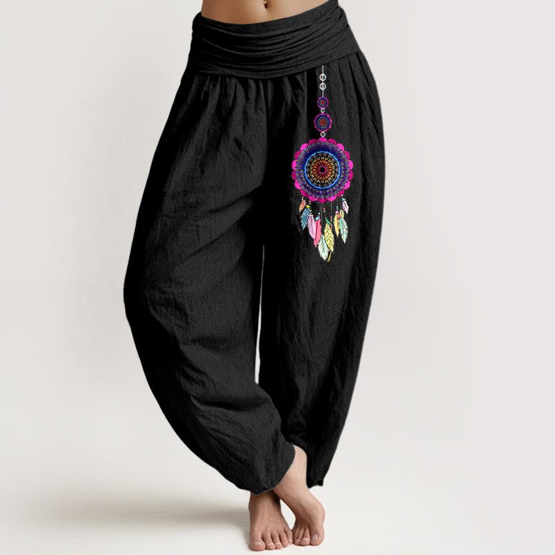 Buddha Stones Pantalones harén de algodón puro con cintura elástica para mujer con estampado de atrapasueños coloridos - Negro - US16，UK/AU20，EU48 (3XL) - image 0