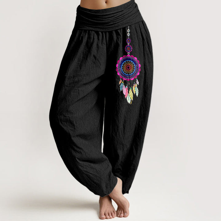 Buddha Stones Pantalones harén de algodón puro con cintura elástica para mujer con estampado de atrapasueños coloridos - Negro - US16，UK/AU20，EU48 (3XL) - image 0
