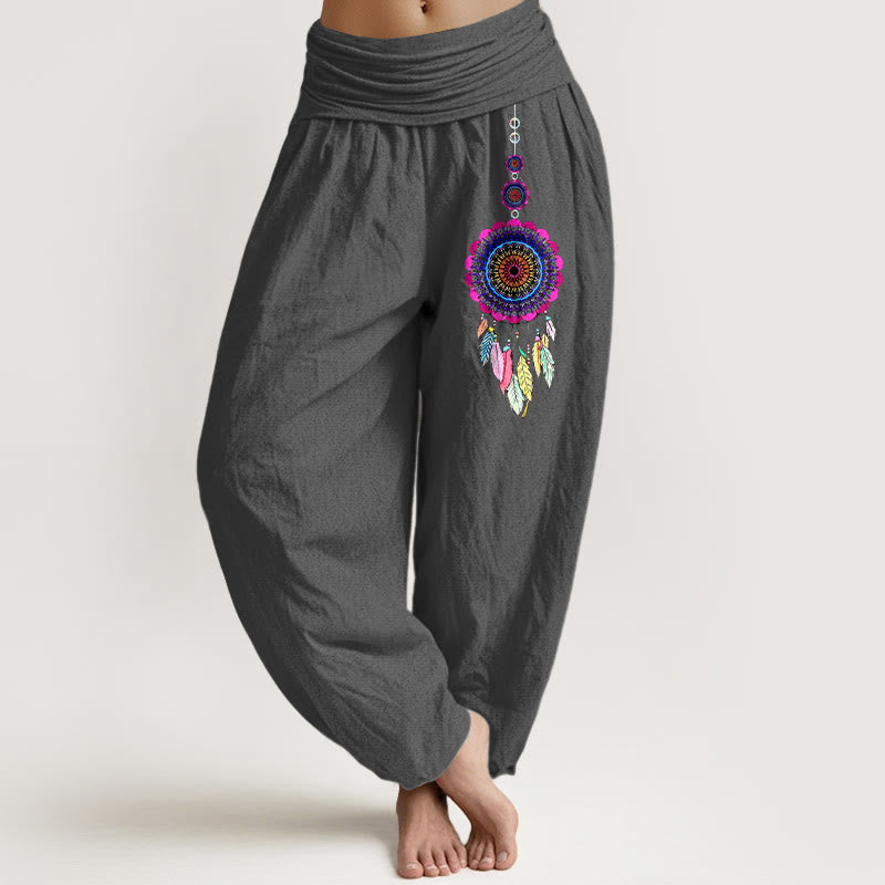 Buddha Stones Pantalones harén de algodón puro con cintura elástica para mujer con estampado de atrapasueños coloridos - Gris oscuro - US16，UK/AU20，EU48 (3XL) - image 8
