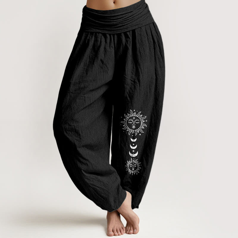 Buddha Stones Pantalones harén de algodón puro con cintura elástica y estampado de sol y luna bohemio para mujer - Negro - US16，UK/AU20，EU48 (3XL) - image 5