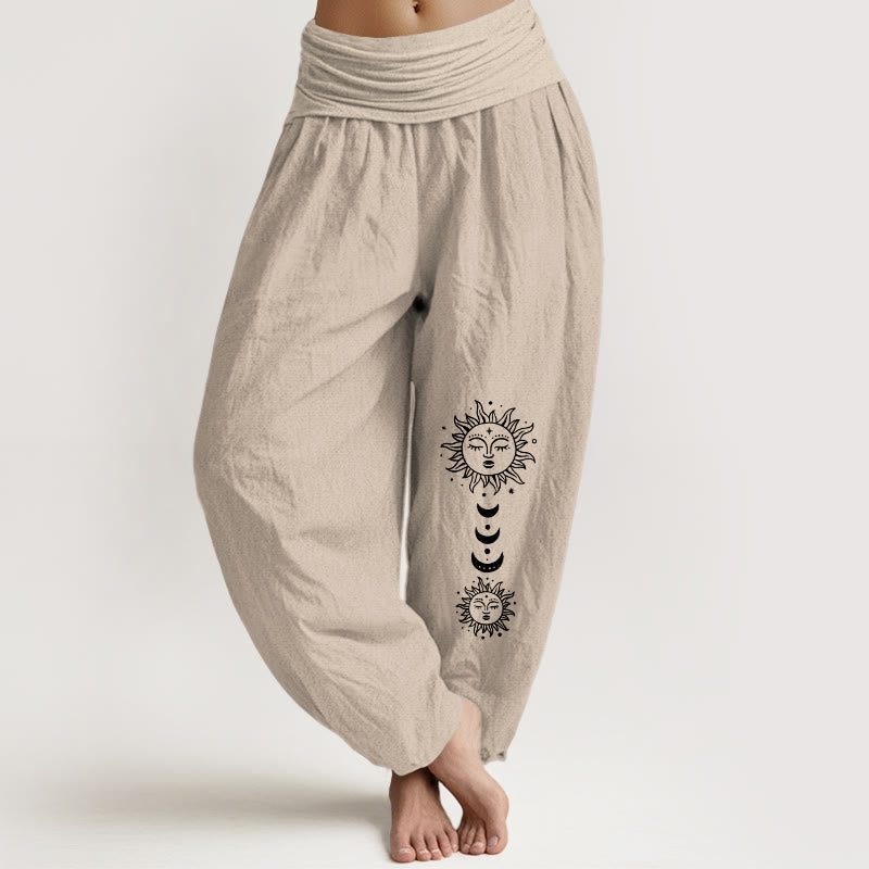 Buddha Stones Pantalones harén de algodón puro con cintura elástica y estampado de sol y luna bohemio para mujer - Broncearse - US16，UK/AU20，EU48 (3XL) - image 11