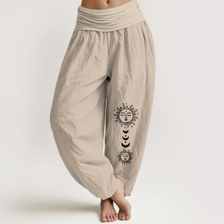 Buddha Stones Pantalones harén de algodón puro con cintura elástica y estampado de sol y luna bohemio para mujer - Broncearse - US16，UK/AU20，EU48 (3XL) - image 11