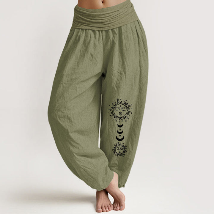 Buddha Stones Pantalones harén de algodón puro con cintura elástica y estampado de sol y luna bohemio para mujer - Verde oliva - US16，UK/AU20，EU48 (3XL) - image 14