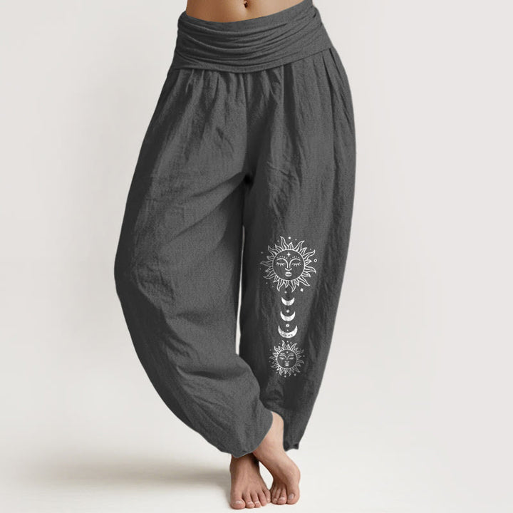 Buddha Stones Pantalones harén de algodón puro con cintura elástica y estampado de sol y luna bohemio para mujer - Gris oscuro - US16，UK/AU20，EU48 (3XL) - image 0