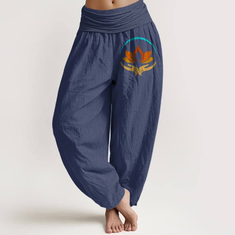 Buddha Stones Pantalones harén de algodón puro con cintura elástica y estampado de símbolo de Buda de loto para mujer - Azul pizarra oscuro - US16，UK/AU20，EU48 (3XL) - image 5