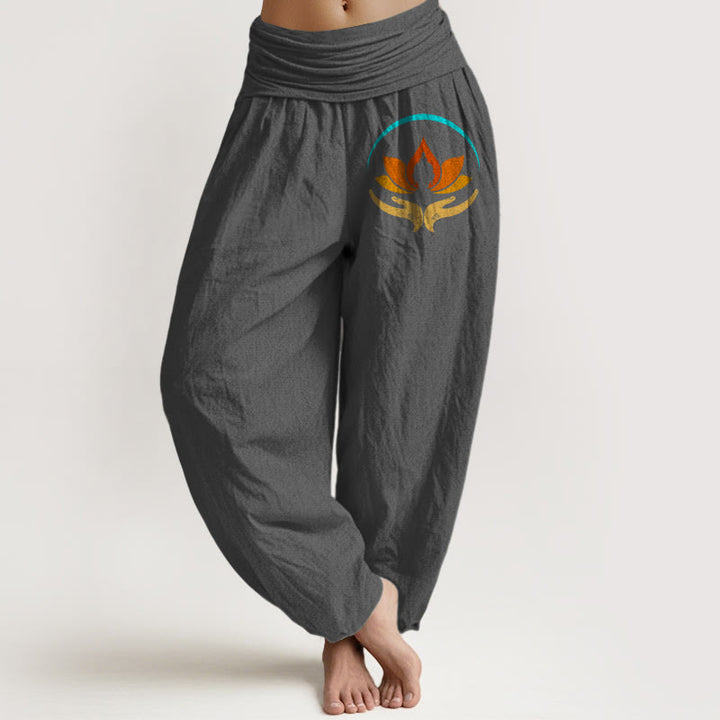 Buddha Stones Pantalones harén de algodón puro con cintura elástica y estampado de símbolo de Buda de loto para mujer - Gris oscuro - US16，UK/AU20，EU48 (3XL) - image 8