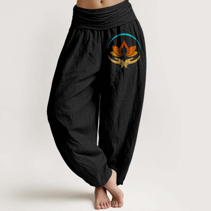 Buddha Stones Pantalones harén de algodón puro con cintura elástica y estampado de símbolo de Buda de loto para mujer - Negro - US16，UK/AU20，EU48 (3XL) - image 0