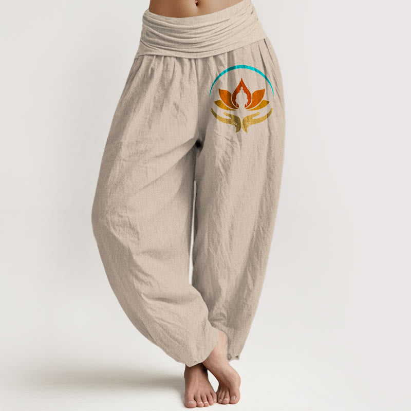Buddha Stones Pantalones harén de algodón puro con cintura elástica y estampado de símbolo de Buda de loto para mujer - Broncearse - US16，UK/AU20，EU48 (3XL) - image 11