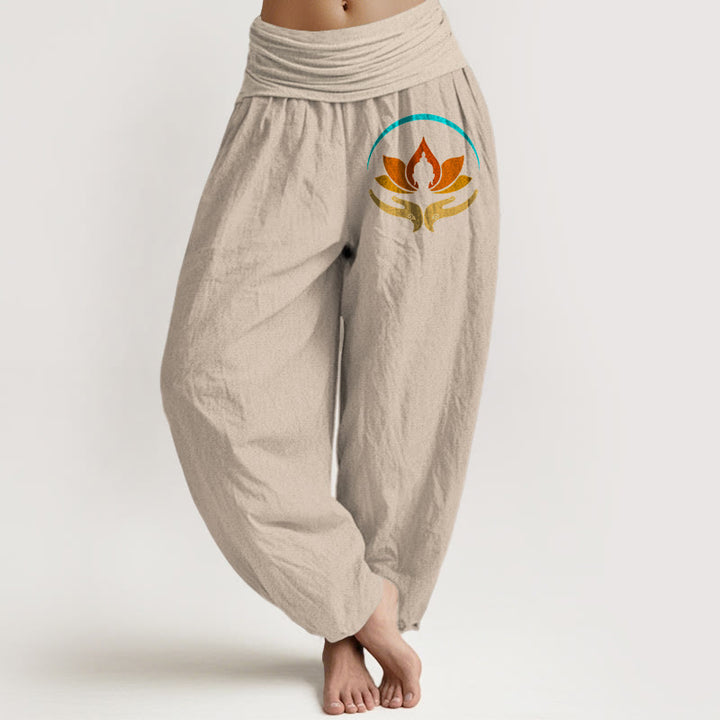 Buddha Stones Pantalones harén de algodón puro con cintura elástica y estampado de símbolo de Buda de loto para mujer - Broncearse - US16，UK/AU20，EU48 (3XL) - image 11