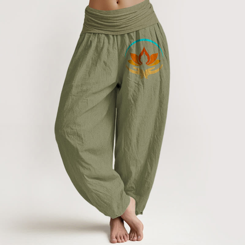 Buddha Stones Pantalones harén de algodón puro con cintura elástica y estampado de símbolo de Buda de loto para mujer - Verde oliva - US16，UK/AU20，EU48 (3XL) - image 14