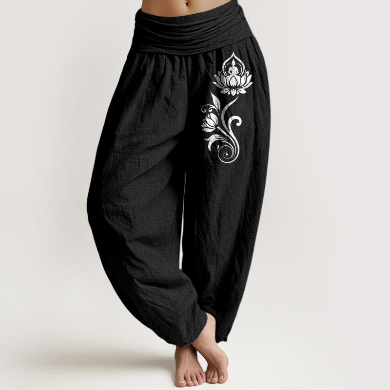 Buddha Stones Pantalones harén de algodón puro para mujer con cintura elástica y estampado floral de loto y Buda sentado - Negro - US16，UK/AU20，EU48 (3XL) - image 5