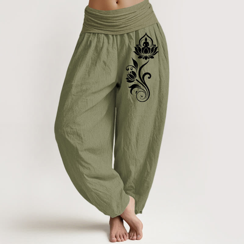 Buddha Stones Pantalones harén de algodón puro para mujer con cintura elástica y estampado floral de loto y Buda sentado - Verde oliva - US16，UK/AU20，EU48 (3XL) - image 14