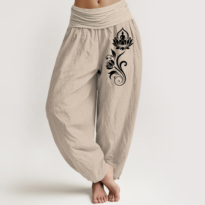 Buddha Stones Pantalones harén de algodón puro para mujer con cintura elástica y estampado floral de loto y Buda sentado - Broncearse - US16，UK/AU20，EU48 (3XL) - image 11