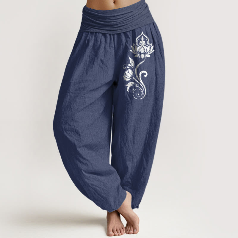 Buddha Stones Pantalones harén de algodón puro para mujer con cintura elástica y estampado floral de loto y Buda sentado - Azul pizarra oscuro - US16，UK/AU20，EU48 (3XL) - image 0