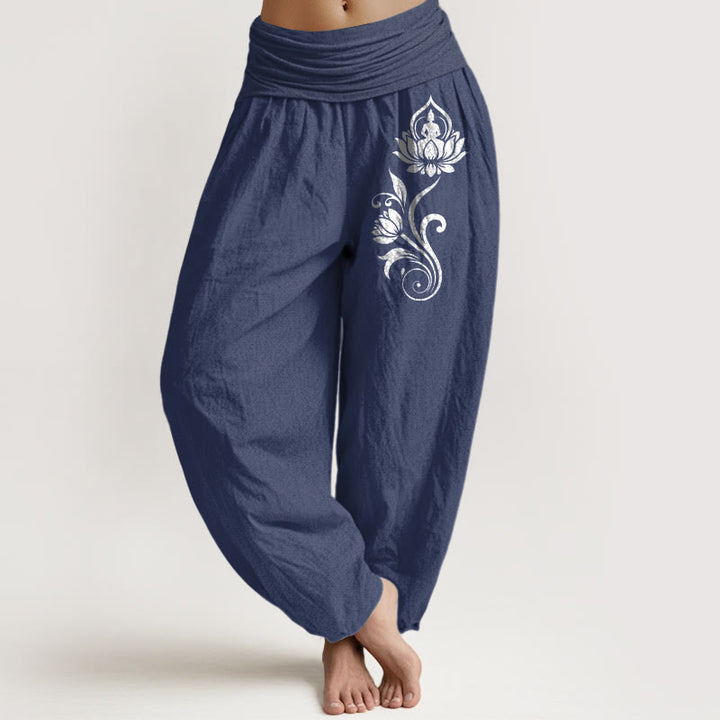 Buddha Stones Pantalones harén de algodón puro para mujer con cintura elástica y estampado floral de loto y Buda sentado - Azul pizarra oscuro - US16，UK/AU20，EU48 (3XL) - image 0