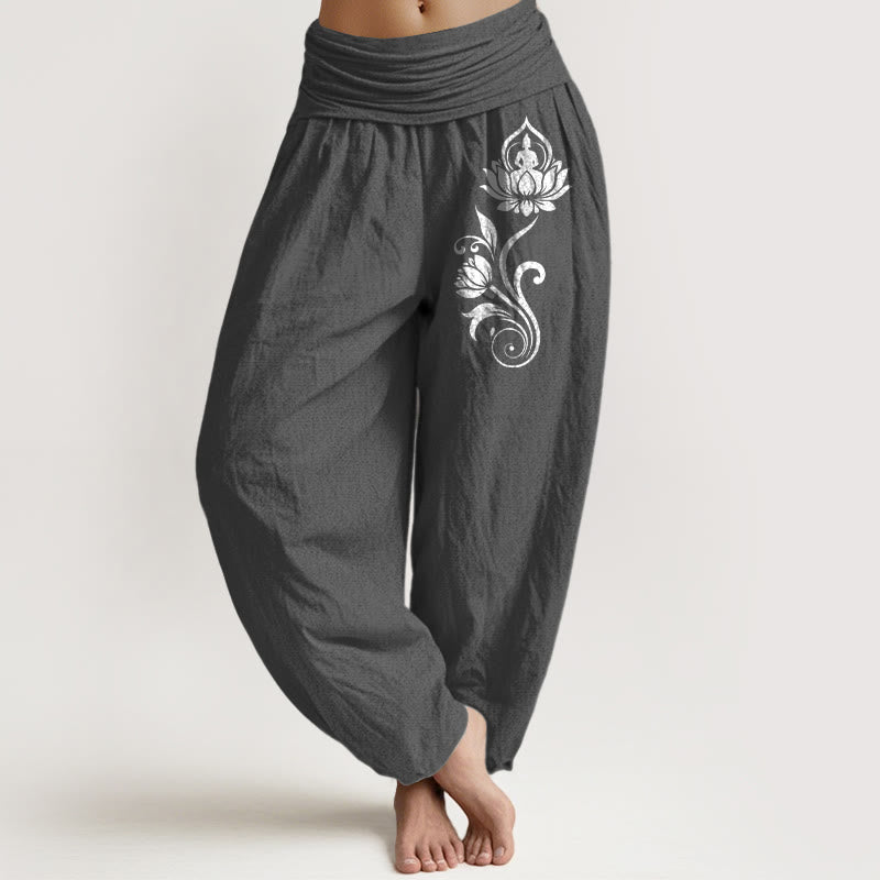 Buddha Stones Pantalones harén de algodón puro para mujer con cintura elástica y estampado floral de loto y Buda sentado - Gris oscuro - US16，UK/AU20，EU48 (3XL) - image 8