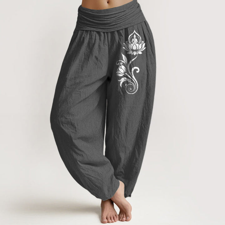 Buddha Stones Pantalones harén de algodón puro para mujer con cintura elástica y estampado floral de loto y Buda sentado - Gris oscuro - US16，UK/AU20，EU48 (3XL) - image 8