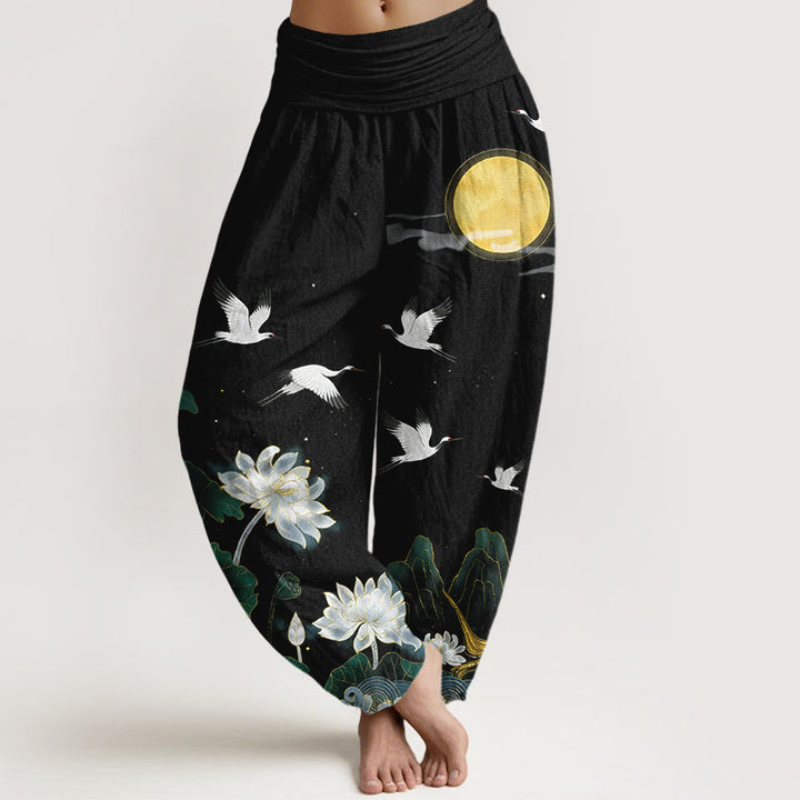 Buddha Stones Pantalones harén de algodón puro con cintura elástica para mujer, diseño de grulla, flor de loto y luna de montaña - Negro - US16，UK/AU20，EU48 (3XL) - image 0