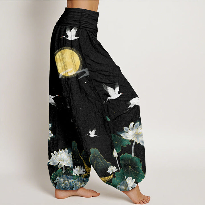 Buddha Stones Pantalones harén de algodón puro con cintura elástica para mujer, diseño de grulla, flor de loto y luna de montaña - image 2