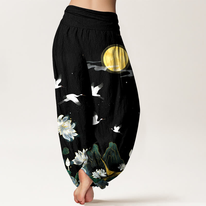Buddha Stones Pantalones harén de algodón puro con cintura elástica para mujer, diseño de grulla, flor de loto y luna de montaña - image 1