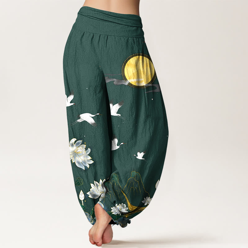 Buddha Stones Pantalones harén de algodón puro con cintura elástica para mujer, diseño de grulla, flor de loto y luna de montaña - image 6