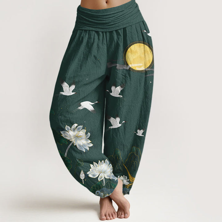 Buddha Stones Pantalones harén de algodón puro con cintura elástica para mujer, diseño de grulla, flor de loto y luna de montaña - Gris pizarra oscuro - US16，UK/AU20，EU48 (3XL) - image 5