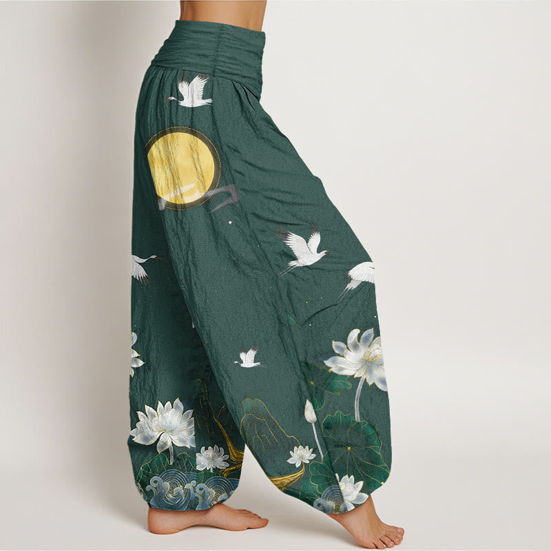 Buddha Stones Pantalones harén de algodón puro con cintura elástica para mujer, diseño de grulla, flor de loto y luna de montaña - image 7