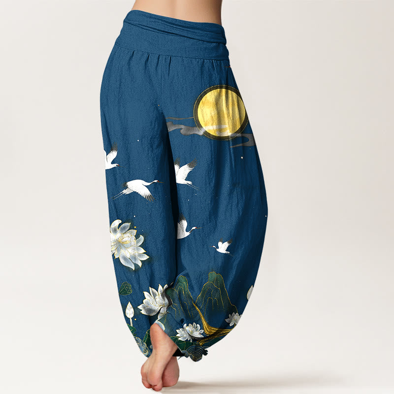 Buddha Stones Pantalones harén de algodón puro con cintura elástica para mujer, diseño de grulla, flor de loto y luna de montaña - image 9