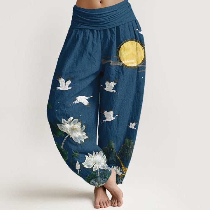 Buddha Stones Pantalones harén de algodón puro con cintura elástica para mujer, diseño de grulla, flor de loto y luna de montaña - Azul acero - US16，UK/AU20，EU48 (3XL) - image 8