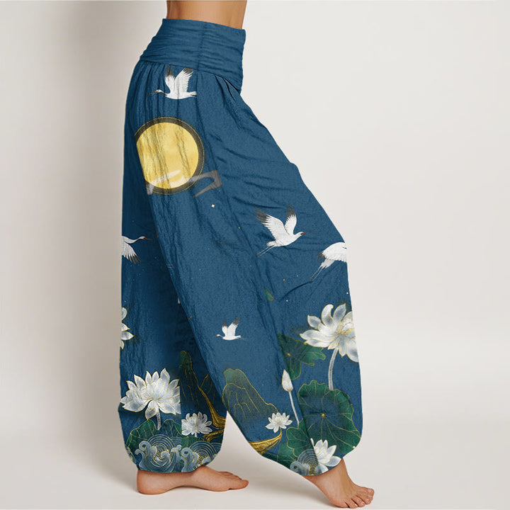 Buddha Stones Pantalones harén de algodón puro con cintura elástica para mujer, diseño de grulla, flor de loto y luna de montaña - image 10