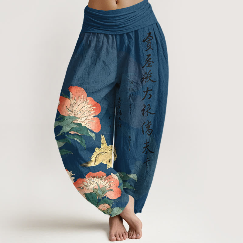Buddha Stones Pantalones harén de algodón puro con diseño de pájaro peonía y cintura elástica para mujer - Azul acero - US16，UK/AU20，EU48 (3XL) - image 0