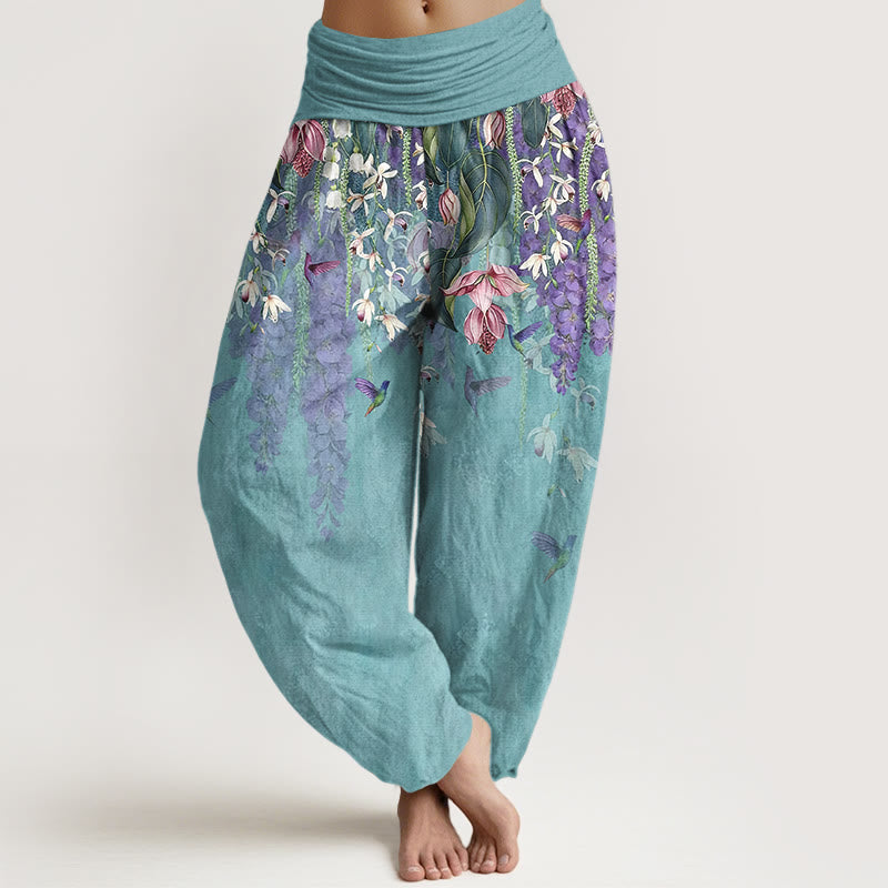 Buddha Stones Pantalones harén de algodón puro con estampado de orquídeas y cintura elástica para mujer - Turquesa medio - US16，UK/AU20，EU48 (3XL) - image 0
