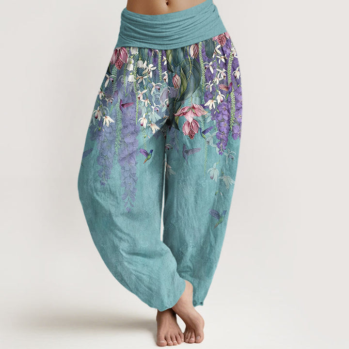 Buddha Stones Pantalones harén de algodón puro con estampado de orquídeas y cintura elástica para mujer - Turquesa medio - US16，UK/AU20，EU48 (3XL) - image 0