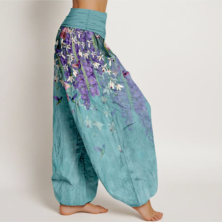 Buddha Stones Pantalones harén de algodón puro con estampado de orquídeas y cintura elástica para mujer - image 2