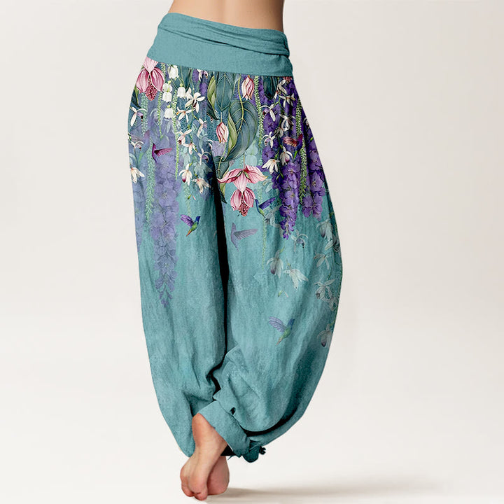 Buddha Stones Pantalones harén de algodón puro con estampado de orquídeas y cintura elástica para mujer - image 1