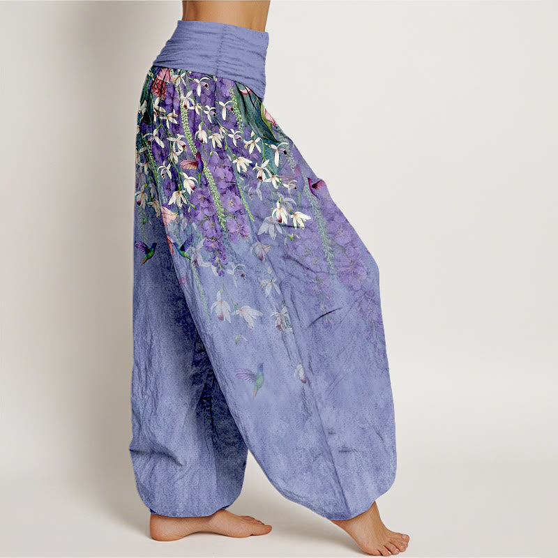 Buddha Stones Pantalones harén de algodón puro con estampado de orquídeas y cintura elástica para mujer - image 7