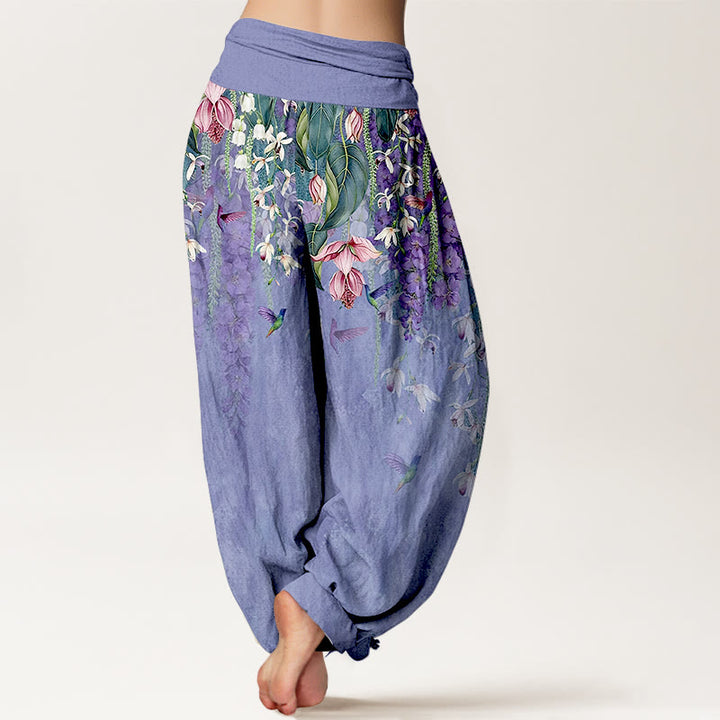 Buddha Stones Pantalones harén de algodón puro con estampado de orquídeas y cintura elástica para mujer - image 6